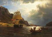 Hans Gude Hjemvendende hvalfangerskip i en norsk havn oil painting artist